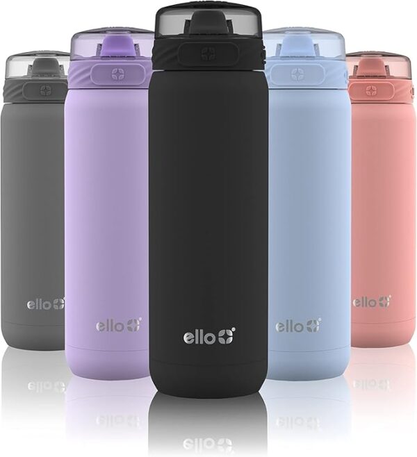 Ello Cooper 22oz Stainless Steel Water Bottle with Straw and Carry Handle, Double Walled and Vacuum Insulated Metal, Leak Proof Locking Lid with Soft Silicone Spout, Reusable, BPA Free, Black