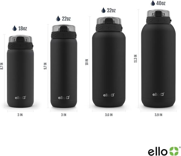 Ello Cooper 22oz Stainless Steel Water Bottle with Straw and Carry Handle, Double Walled and Vacuum Insulated Metal, Leak Proof Locking Lid with Soft Silicone Spout, Reusable, BPA Free, Black - Image 3