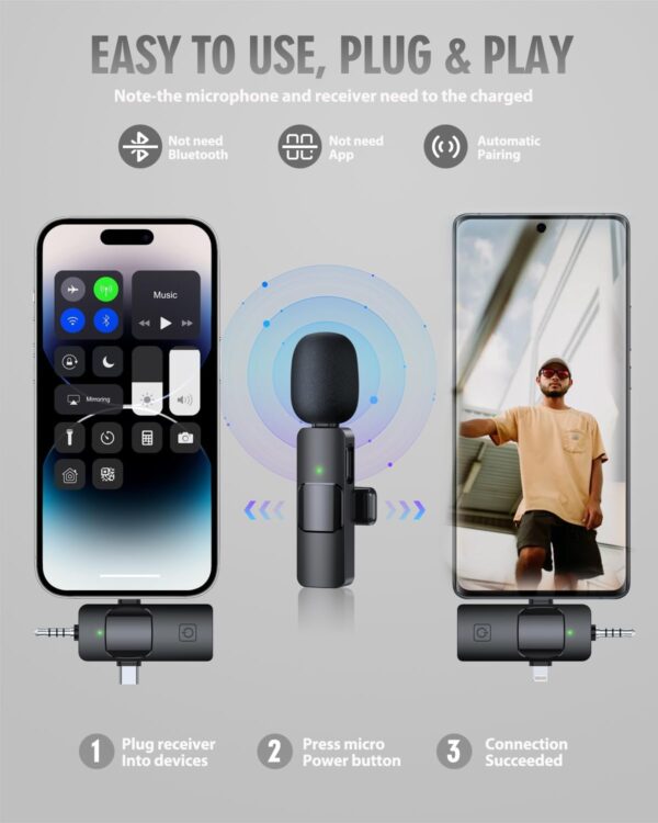 PQRQP 3 in 1 Wireless Microphone for iPhone, Android, Camera, USB-C Microphone, Wireless Lavalier Microphone, Mini Microphone, Noise Canceling Lapel Mic for Interview Video Podcast Vlog YouTube - Image 2