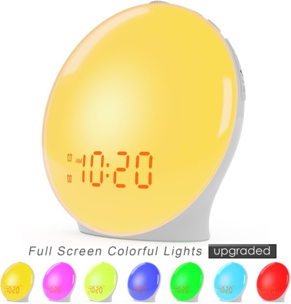 Wake Up Light Sunrise Alarm Clock for Kids, Heavy Sleepers, Bedroom, with Sunrise Simulation, Sleep Aid, Dual Alarms, FM Radio, Snooze, Nightlight, Daylight, 7 Colors, 7 Natural Sounds, Ideal for Gift