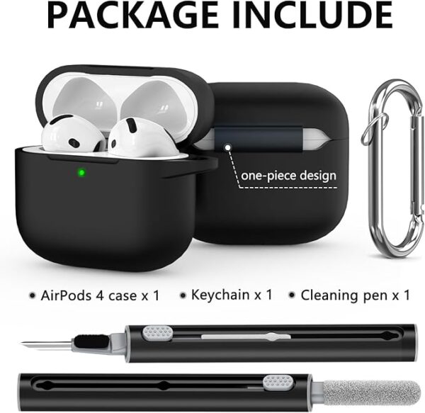 for AirPods 4 Case Cover 2024 with Cleaner Kit,Soft Silicone Protective Case for Apple AirPods 4th Generation Case for Women Men,AirPod 4 Case Accessories with Keychain-Black