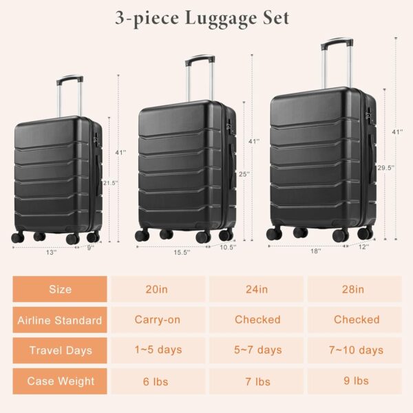 Sweetcrispy 3-Piece Luggage Sets, Hard Shell ABS Suitcases with Double Spinner Wheels, Lightweight Expandable Rolling Travel Suit Case with TSA Lock - Image 5