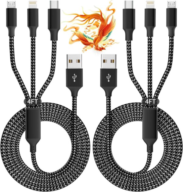 IDISON Multi Charging Cable(2Pack 4FT), 3 in 1 Charger Cable Nylon Braided Multiple USB Cable Universal Phone Charging Cord with Type-C, Micro USB, IP Port for iPhone16/15 Series/Cell Phones and More