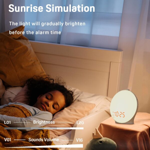 Wake Up Light Sunrise Alarm Clock for Kids, Heavy Sleepers, Bedroom, with Sunrise Simulation, Sleep Aid, Dual Alarms, FM Radio, Snooze, Nightlight, Daylight, 7 Colors, 7 Natural Sounds, Ideal for Gift - Image 3