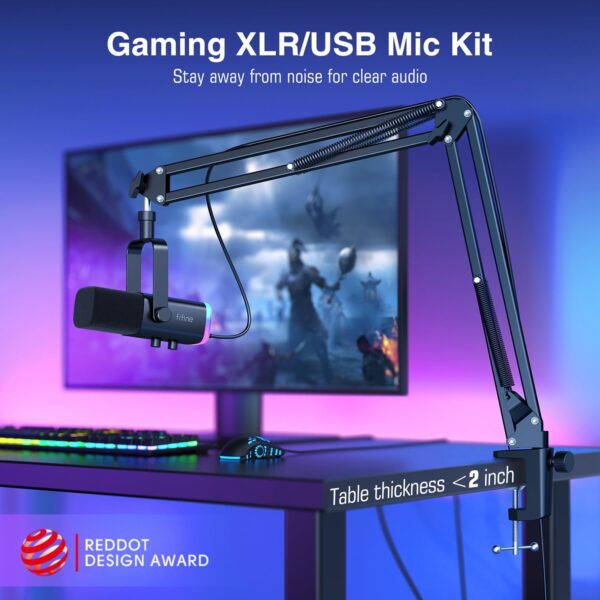 FIFINE XLR/USB Gaming Microphone Set, Dynamic PC Mic for Streaming Podcasting, Computer RGB Mic Kit with Boom Arm Stand, Mute Button, Headphones Jack, for Recording Vocal Voice-Over-AmpliGame AM8T - Image 4