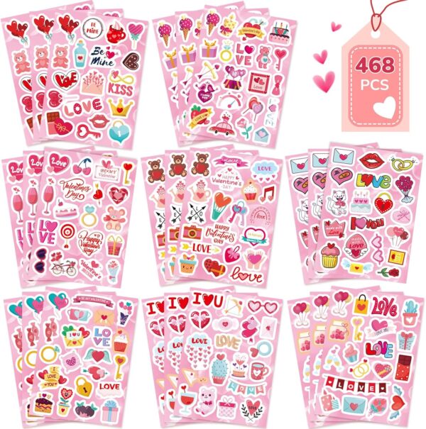 468 PCS Valentines Stickers for Kids, Colorful Heart Stickers Bulk Valentines Crafts Kids Party Favors Supplies, Valentine's Day Stickers for Water Bottle Gifts Box Valentine Decorative for Her & Him