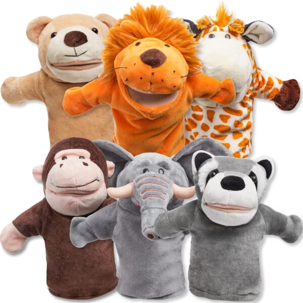 JOYIN 6Pcs Kids Hand Puppet Set with Working Mouth, Toddler Animal Plush Toy Includes Elephant, Giraffe, Lion, Bear, Raccoon and Monkey for Show Theater, Birthday Gifts - Image 2