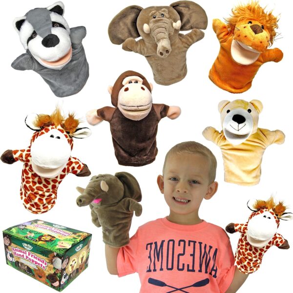 JOYIN 6Pcs Kids Hand Puppet Set with Working Mouth, Toddler Animal Plush Toy Includes Elephant, Giraffe, Lion, Bear, Raccoon and Monkey for Show Theater, Birthday Gifts